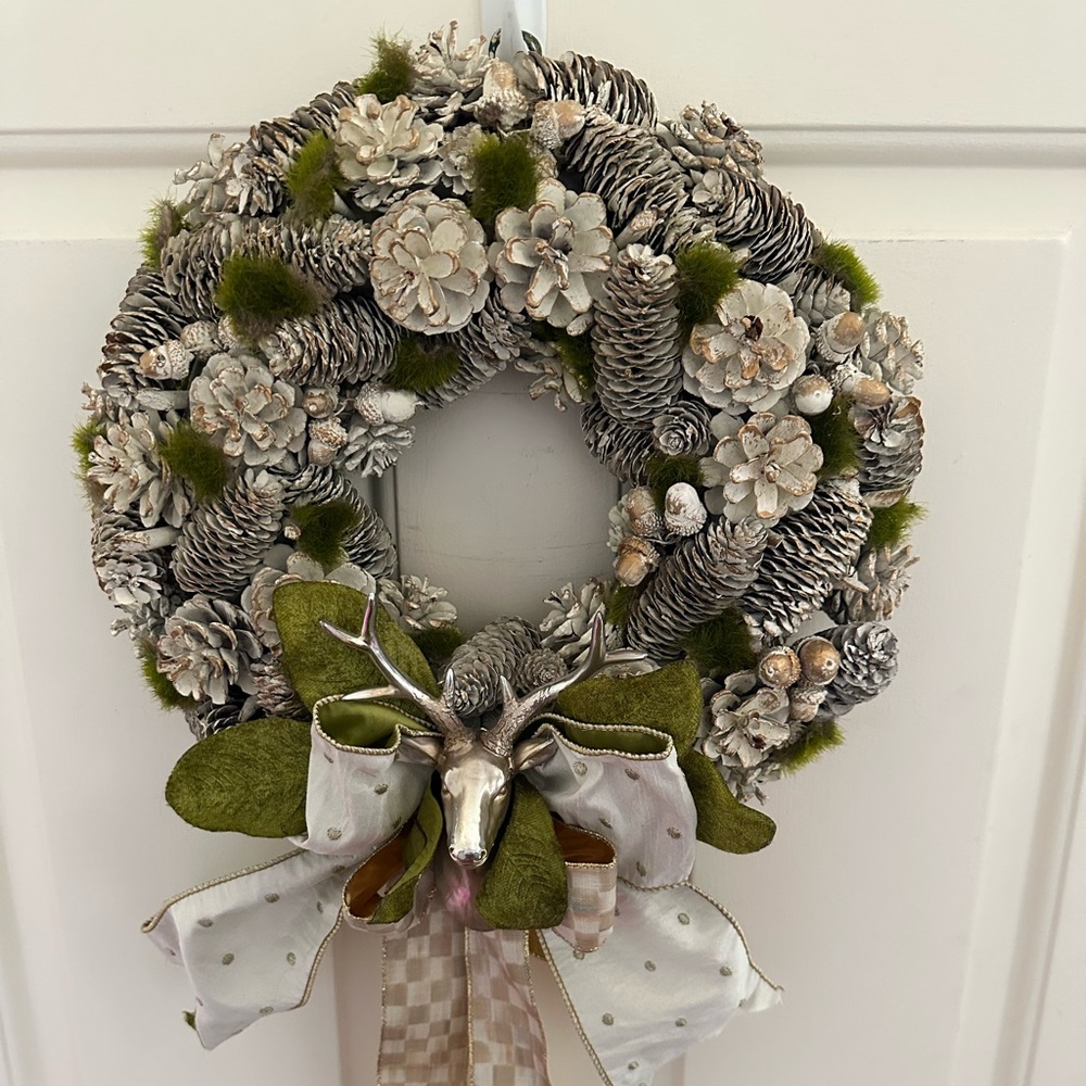 MacKenzie-Childs Festive Wreath with Silver Reindeer 15"